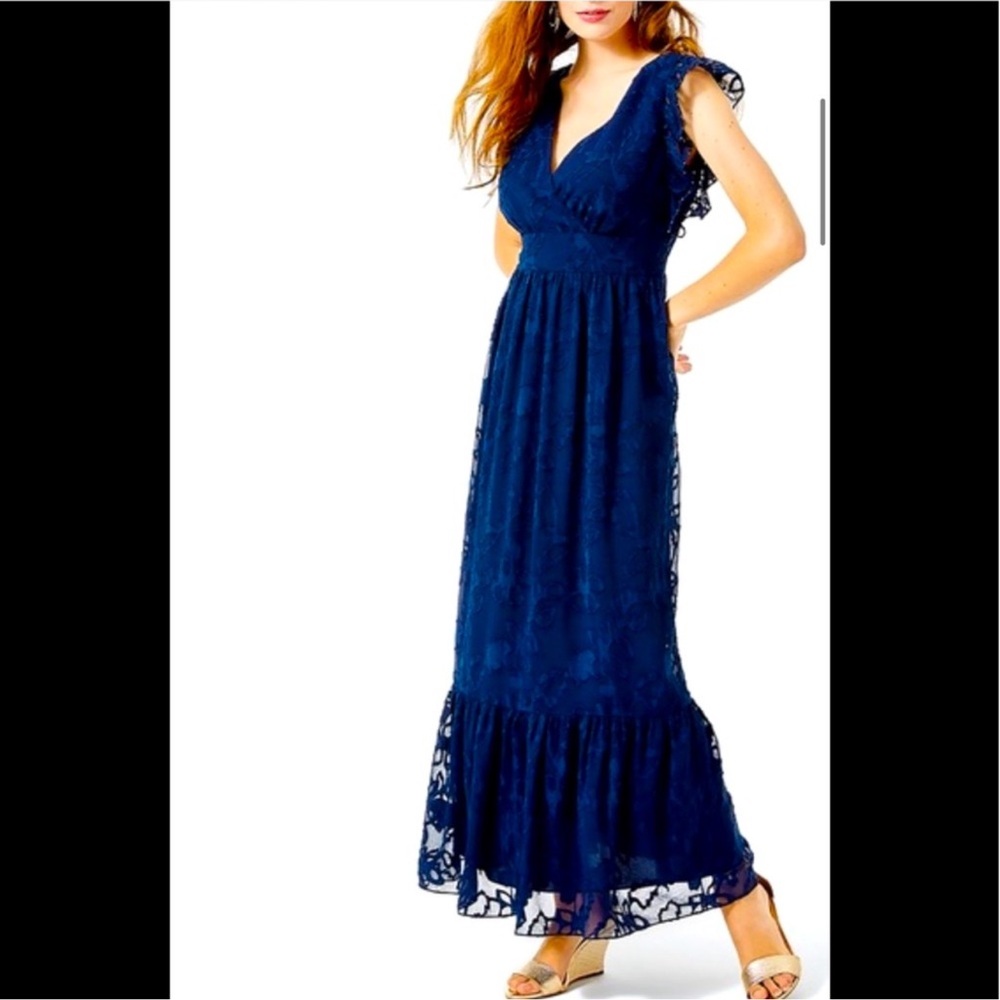 Lilly Pulitzer Blue Ruffled Tiered Maxi Gown